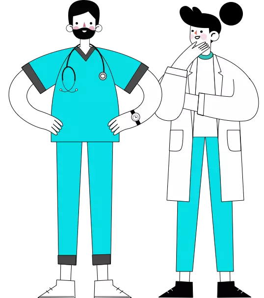 Des professionnels de santé dessinés, un homme et une femme en blouse